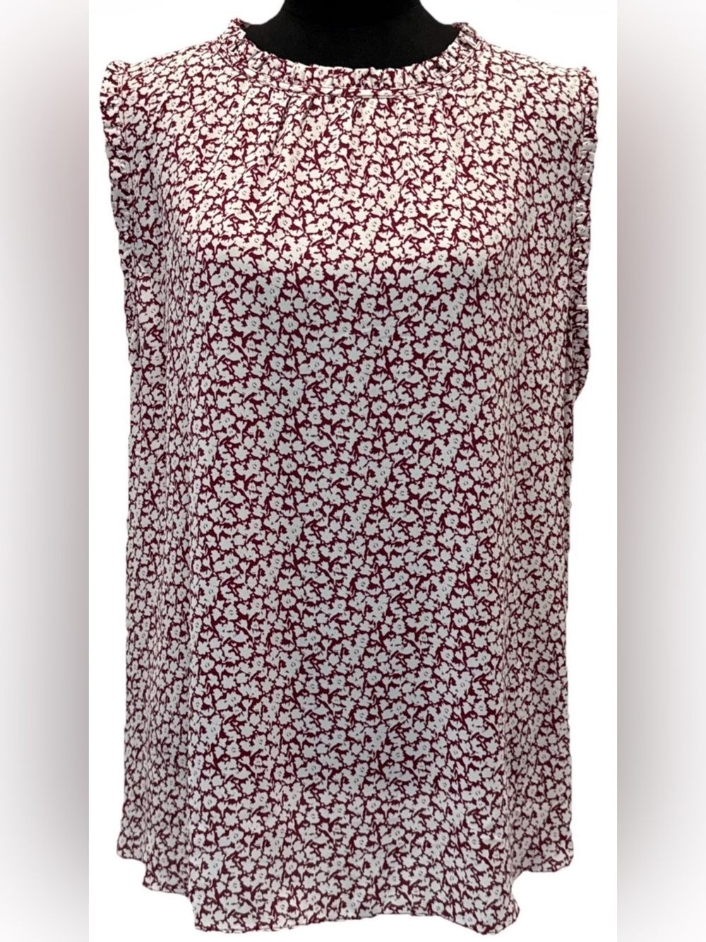 Loft Women's Sleeveless Burgundy/White Blouse, Ruffled, Keyhole, Size XXL
